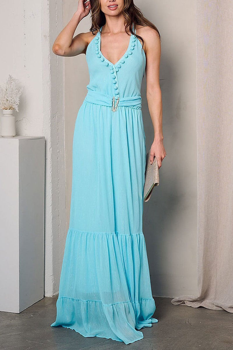 V-neck open back tiered maxi dress (EFWT2774)