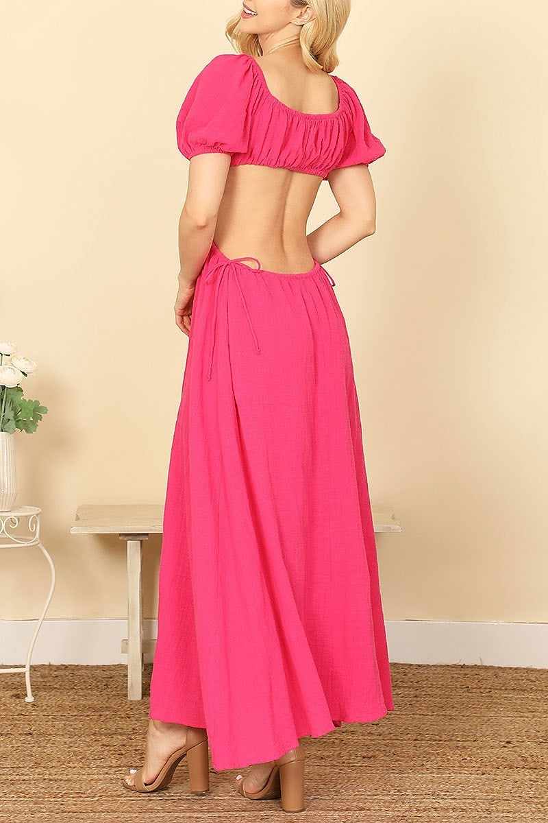 Side cut-out detail puff sleeve solid maxi dress (DED9493)