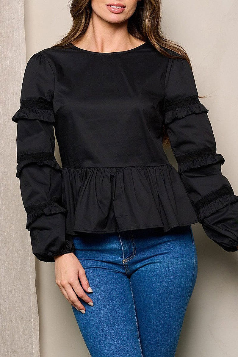 Long ruffle sleeve peplum blouse top (EFWT4482)