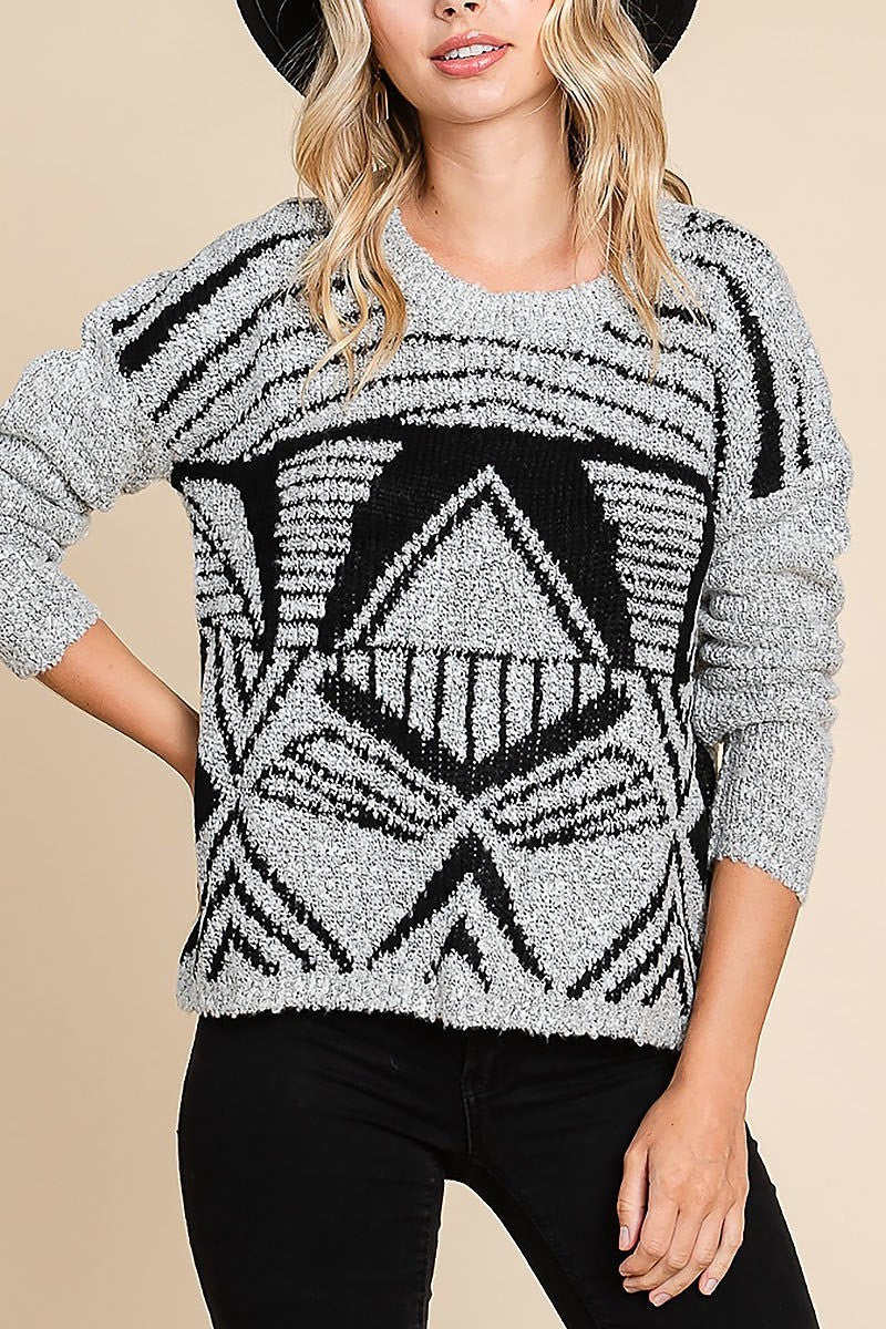 Geometric pattern round neck pullover (EDH1628)