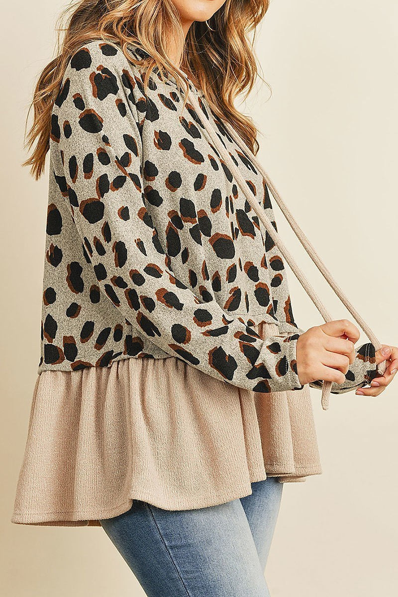 Leopard solid cinch ruffle hem hoodie with self tie (ED8321)