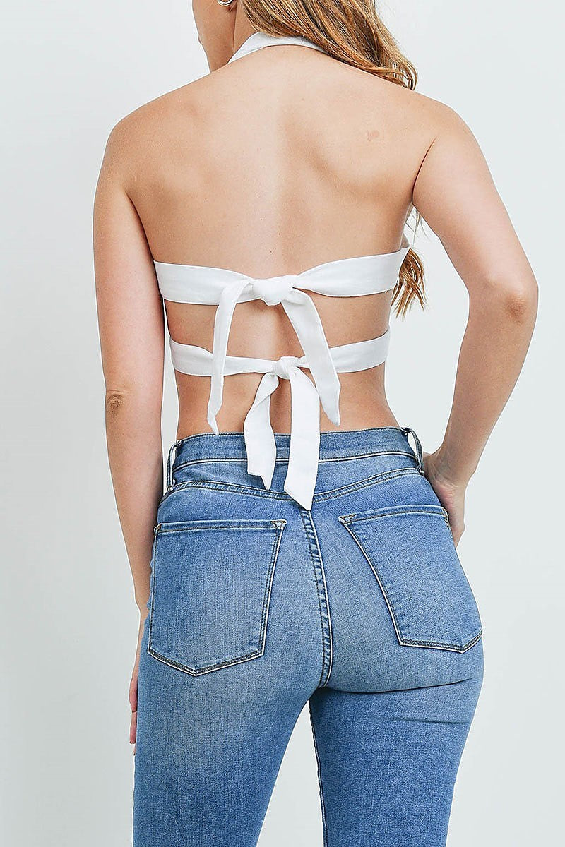 Button trimmed ruched halter neck crop top (ED9867)