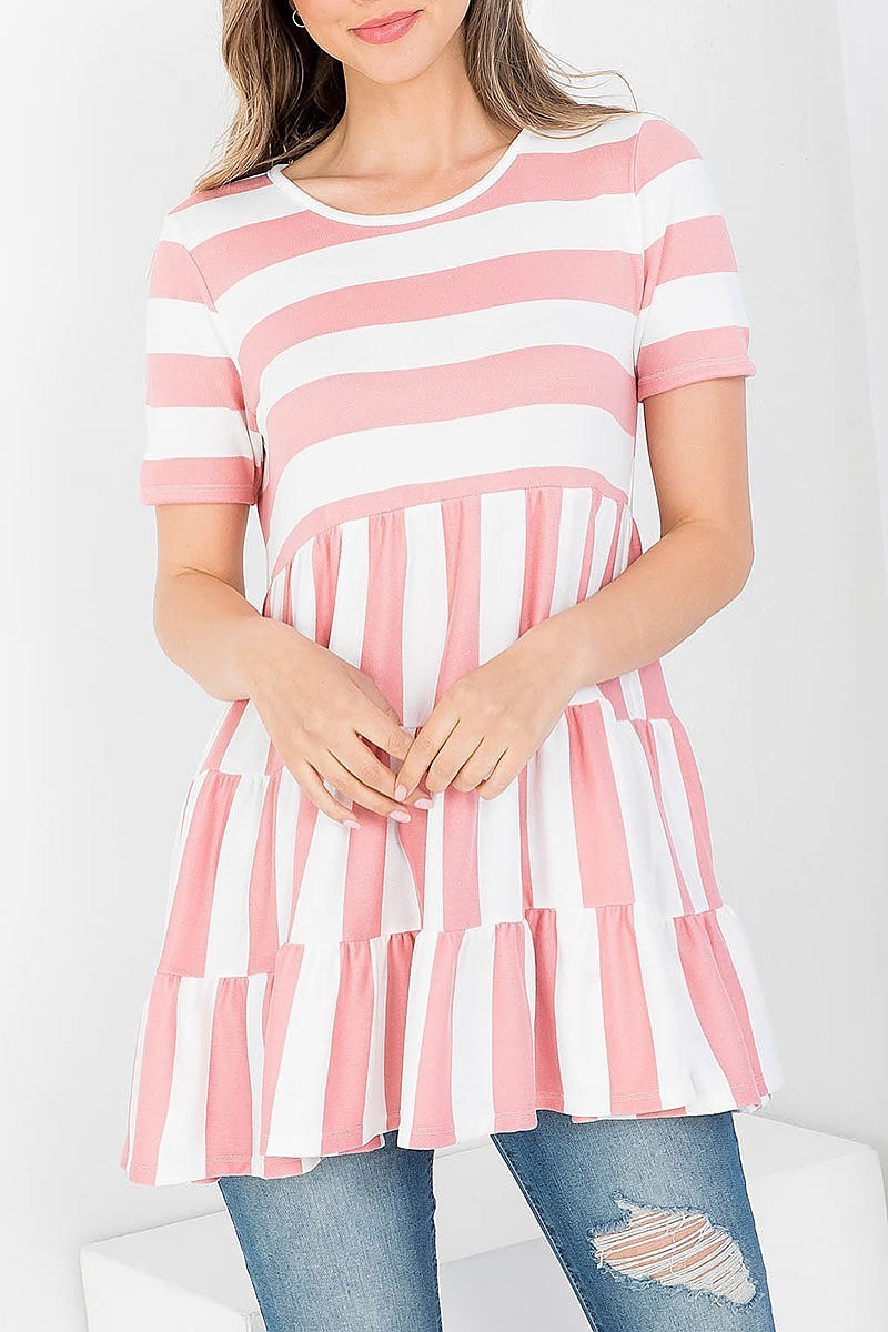 Stripes layered ruffle hem top (EF3860)