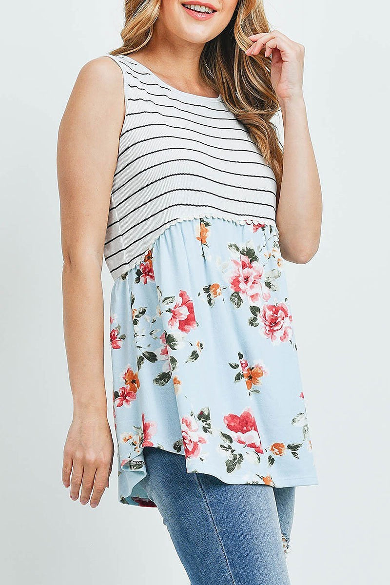 Pompom detail stripes floral contrast top (ED9772)