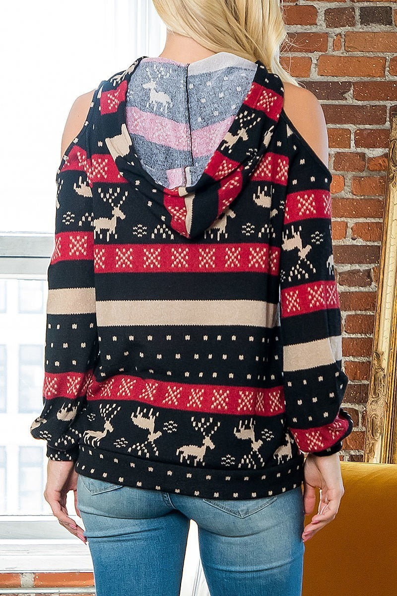 Long sleeve cold should knitted print hoodie top (EF4717)