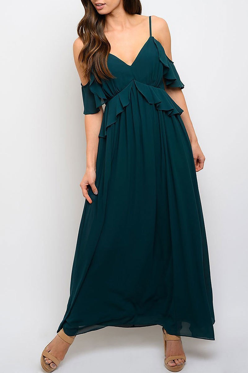 Cold shoulder ruffle maxi dress (EDWT3397)