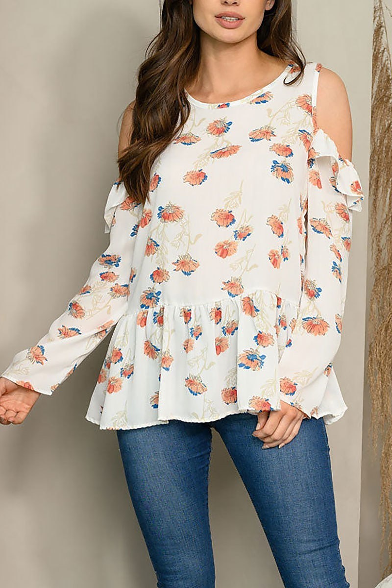 Cold shoulder floral ruffle top (EDWT5280)