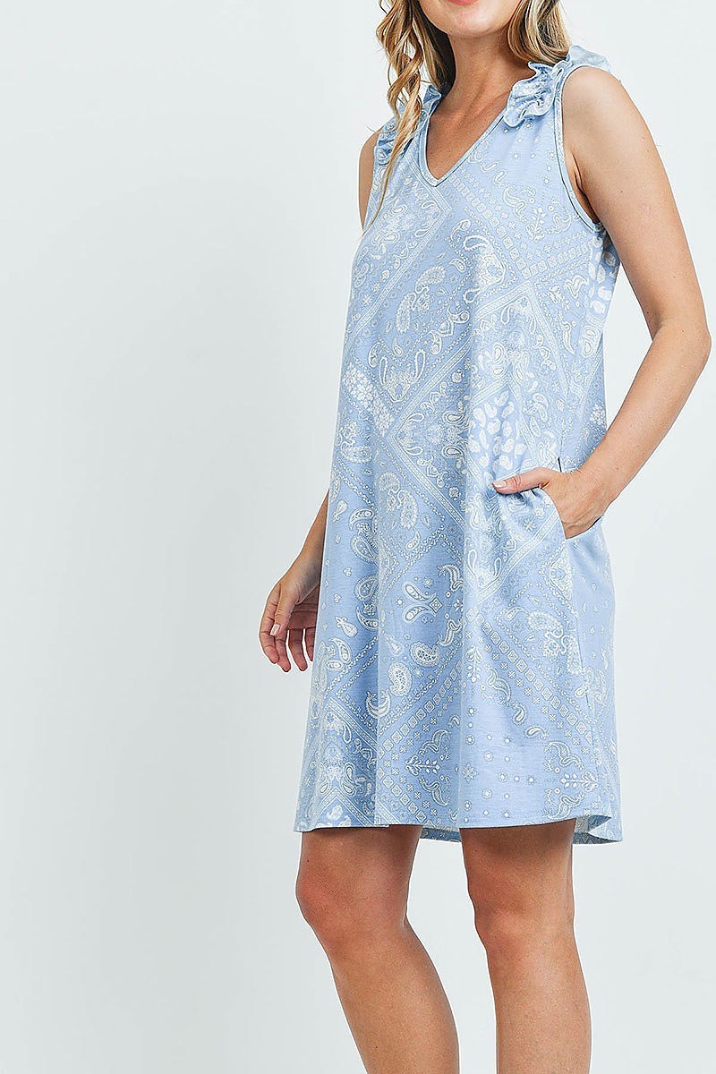 Sleeveless shoulder ruffle detail paisley pocket dress (DED6582)