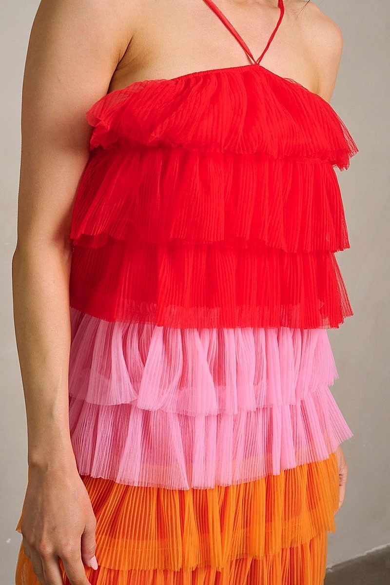 Sleeveless tiered ruffle colorblock mini dress (EGWT1966)