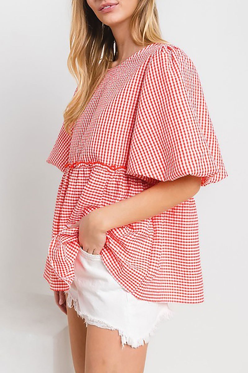 Gingham puff sleeves blouse top (EDSW4492)