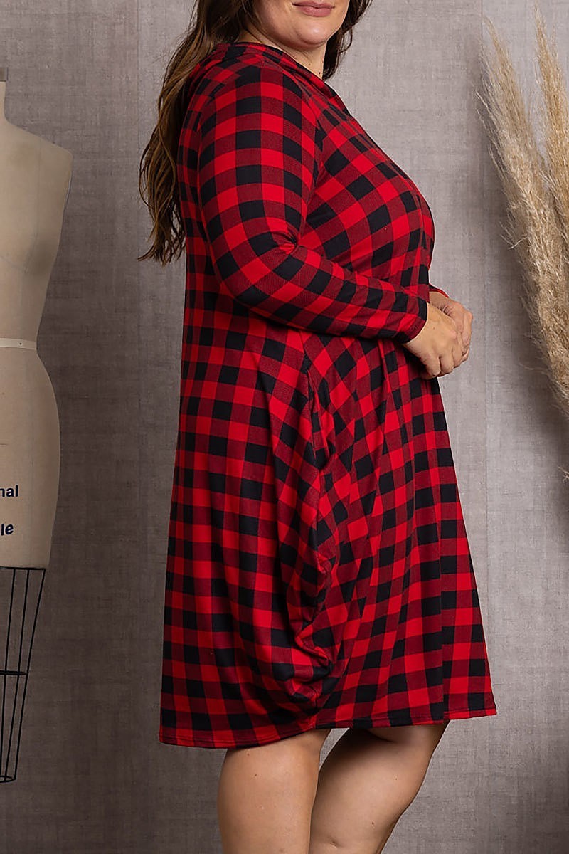 Plaid hoodie long sleeves plus size midi dress (EDSW3583)