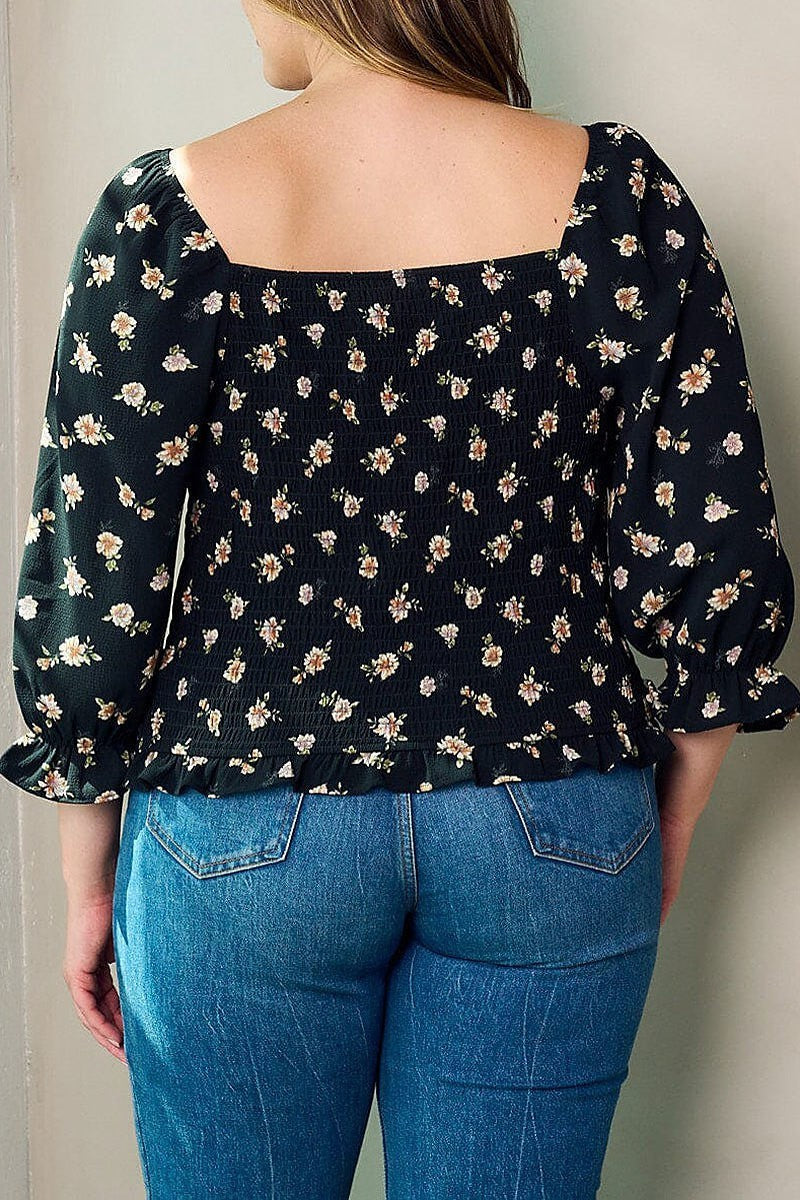 Front ruched floral blouse top (EFWT2936)