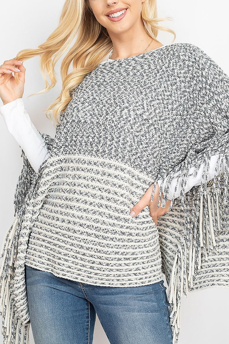 Knitted two tone striped fringe poncho (DGS5279)