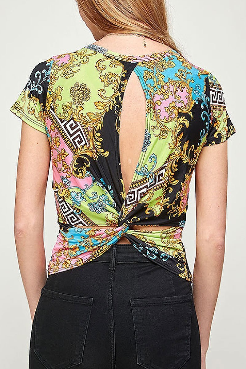 Twist open back paisley print top (EF3062)