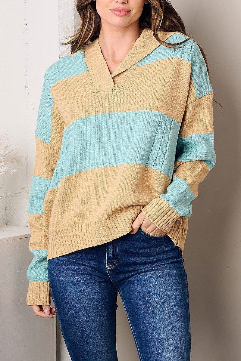 Long sleeve v-neck colorblock sweater (EFWT3196)