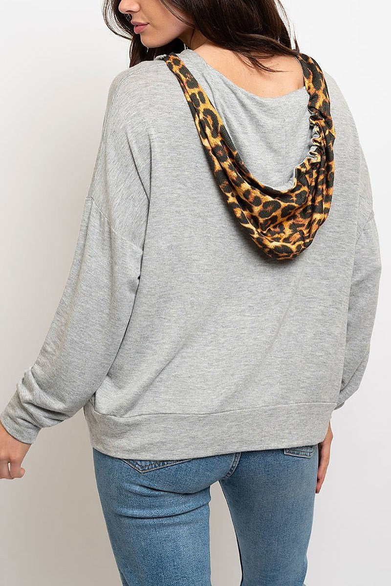 Animal print hoodie color block top (EDWT1856)