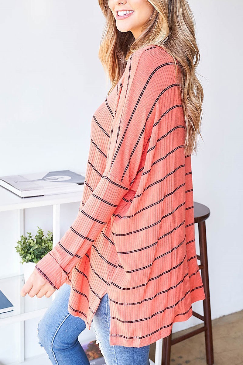 Boat neck stripe loose fit tunic top (EF2796)