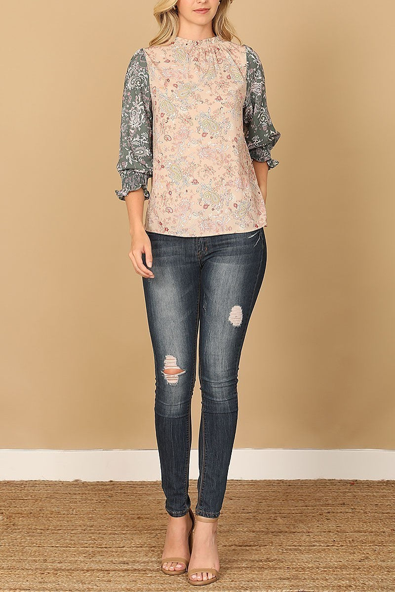 Paisley smocked half sleeve contrast top (EF7863)