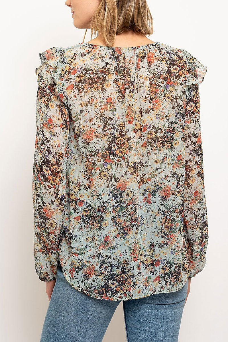 Floral print ruffle detail sheer top (EDWT2367)