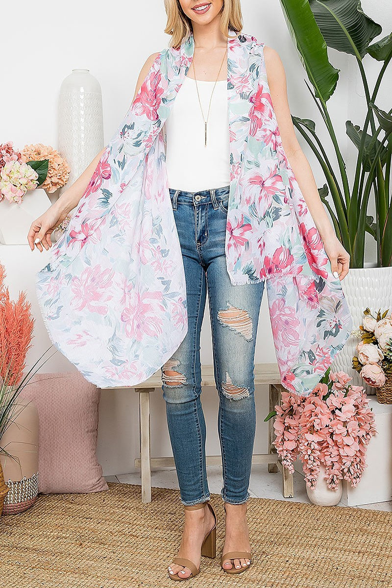 Flower print open front kimono vest (EF5314)