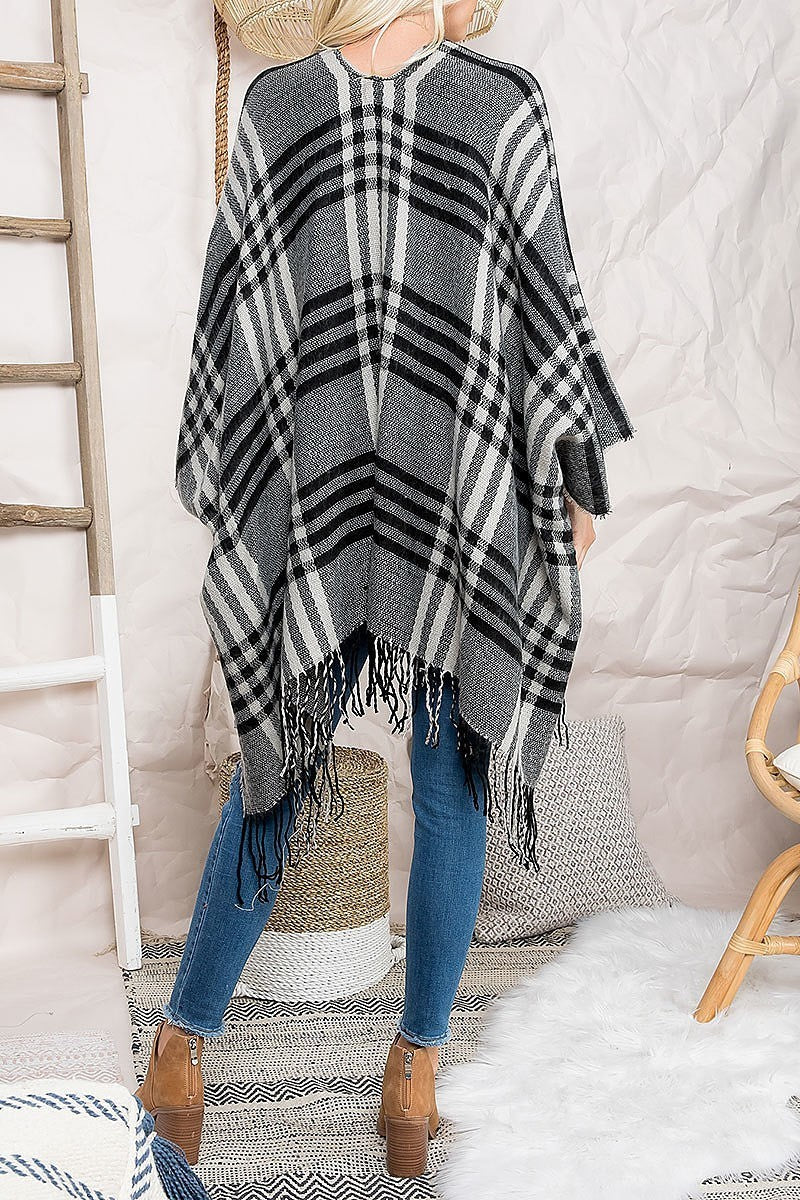 Plaid open front fringe ruana kimono (DGS5554)