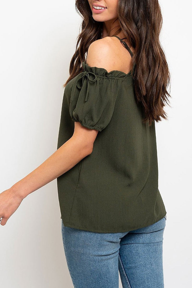 Off shoulder tie detail button front top (EDWT2253)