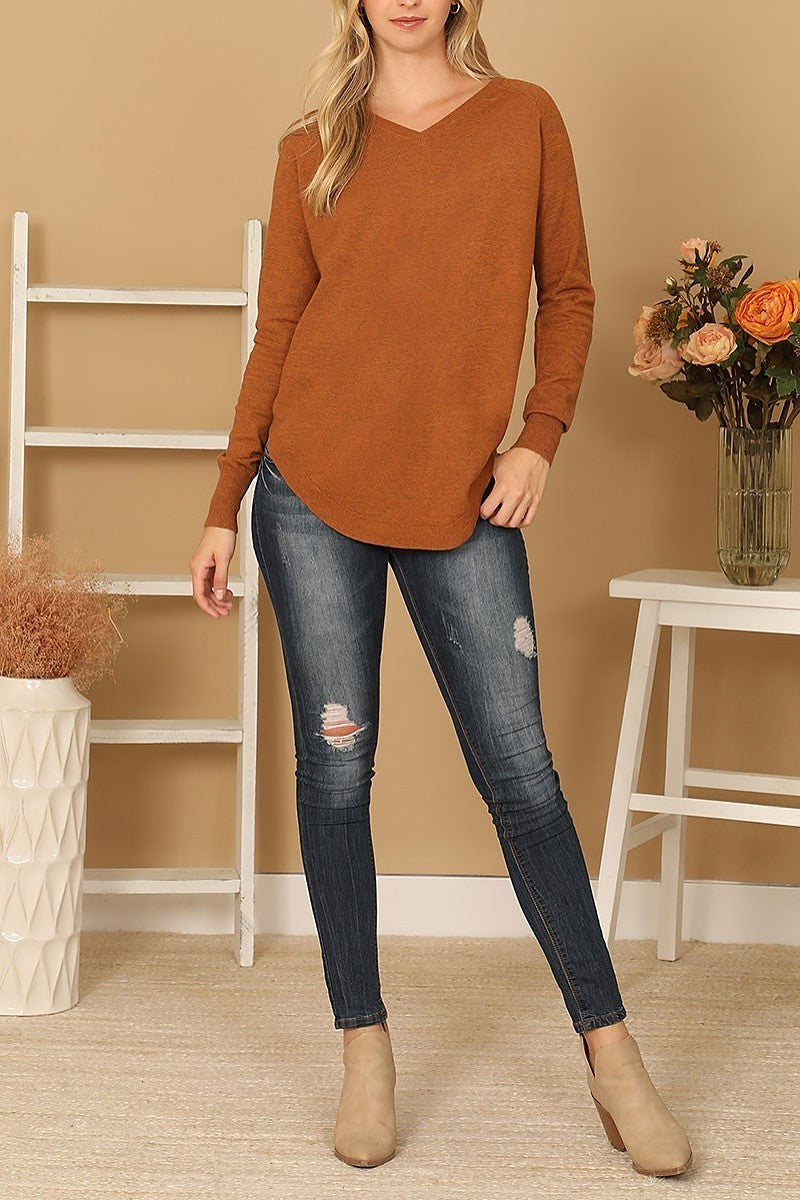 V-neck long sleeve curve hem sweater (DGS6680)