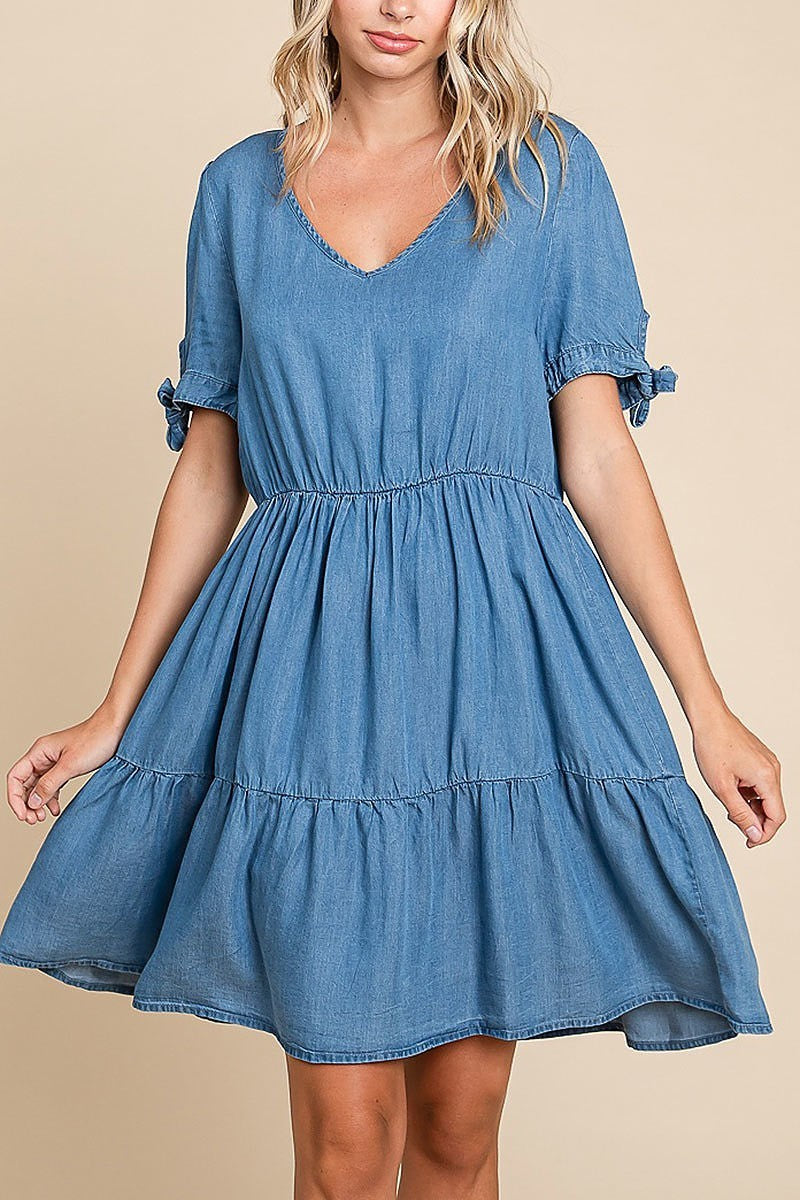 Lyocell chambray v-neck tiered mini dress (EDH1630)