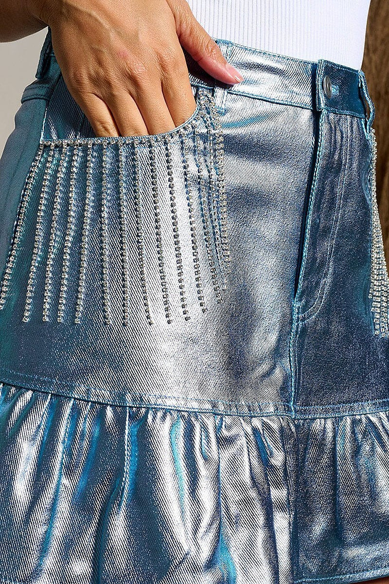 Fringe studs detailed metallic mini skirt (EFWT9979)