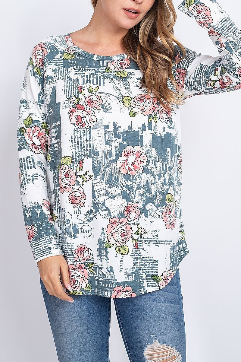 Floral newspaper print round neck top (EF1883)