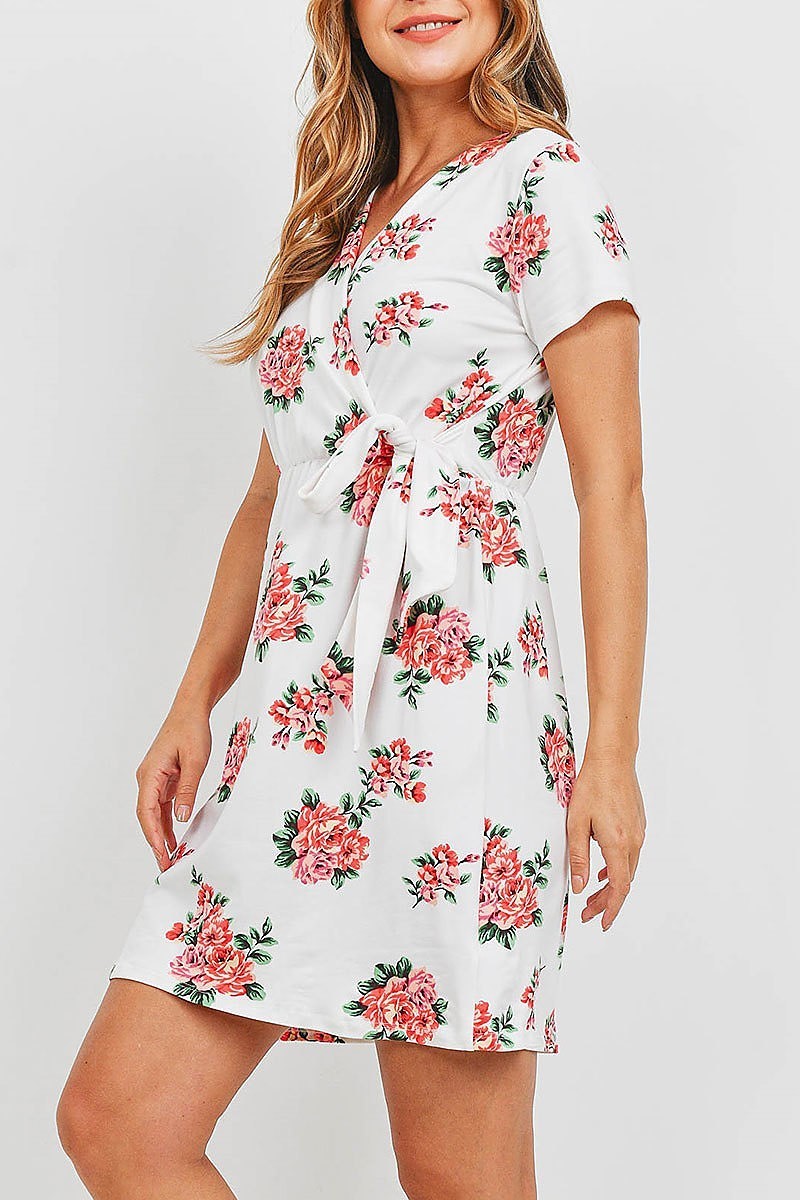 Floral print tie wrap midi dress (DED6393)