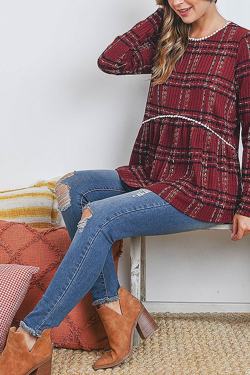 Pompom detail long sleeve plaid top (EF2409)