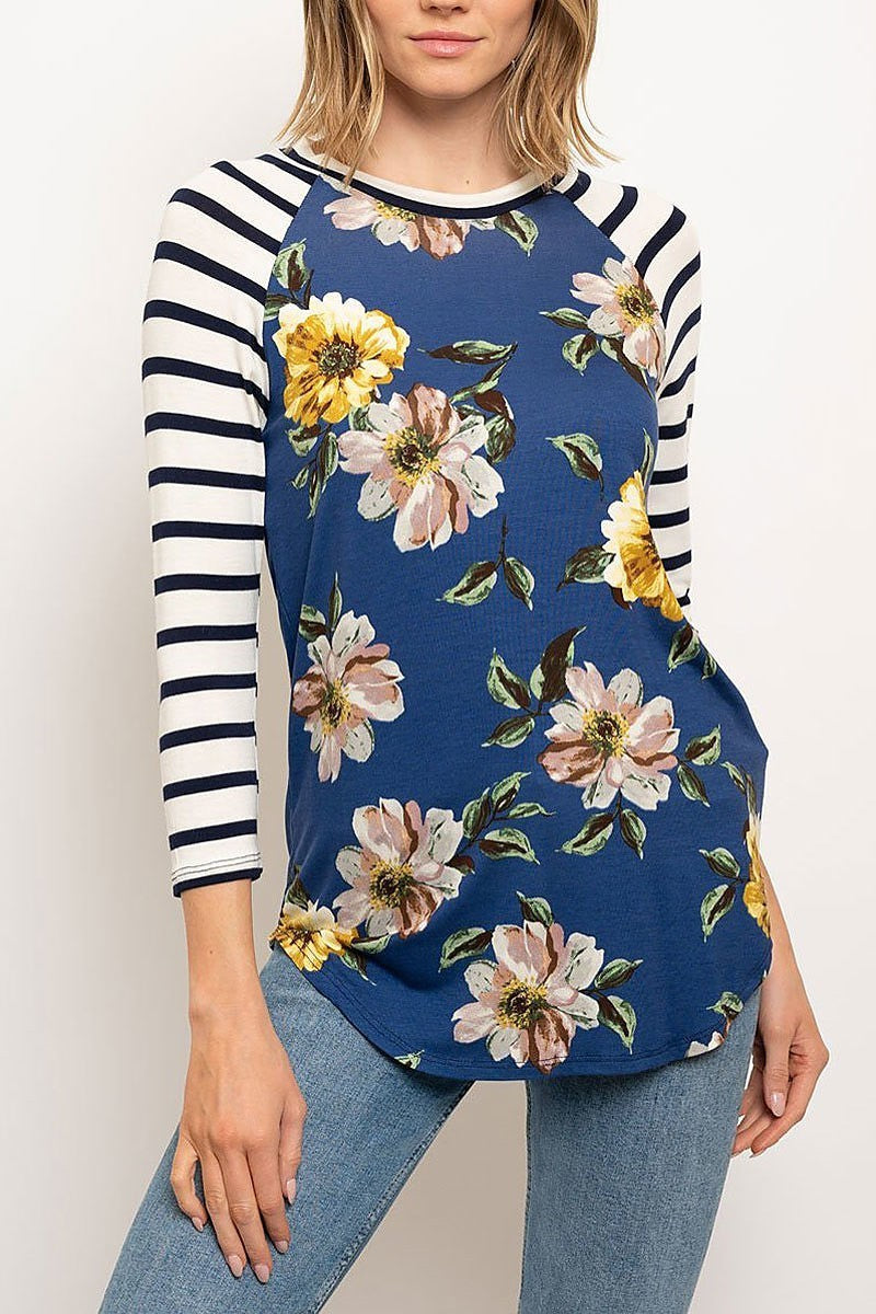 Floral print stripe sleeve color block top (EDWT2349)