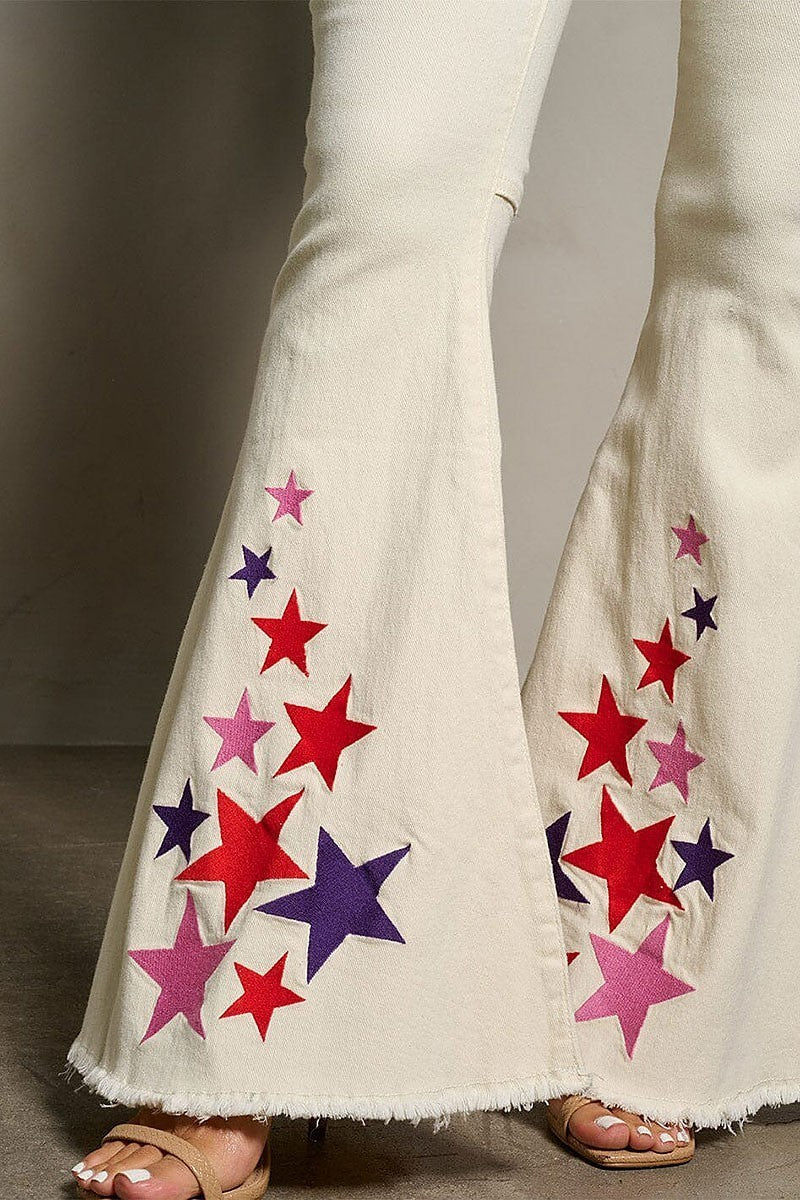 Button closure bell legs stars print denim pants (EFWT9982)