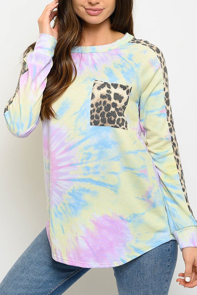 Contrast animal print tie dye long sleeve top (EDWT3071)