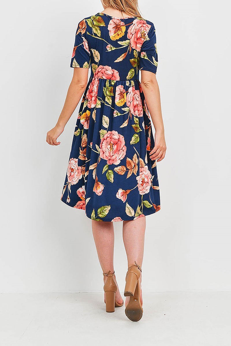 Empire waist floral print side pocket midi dress (DED6358)