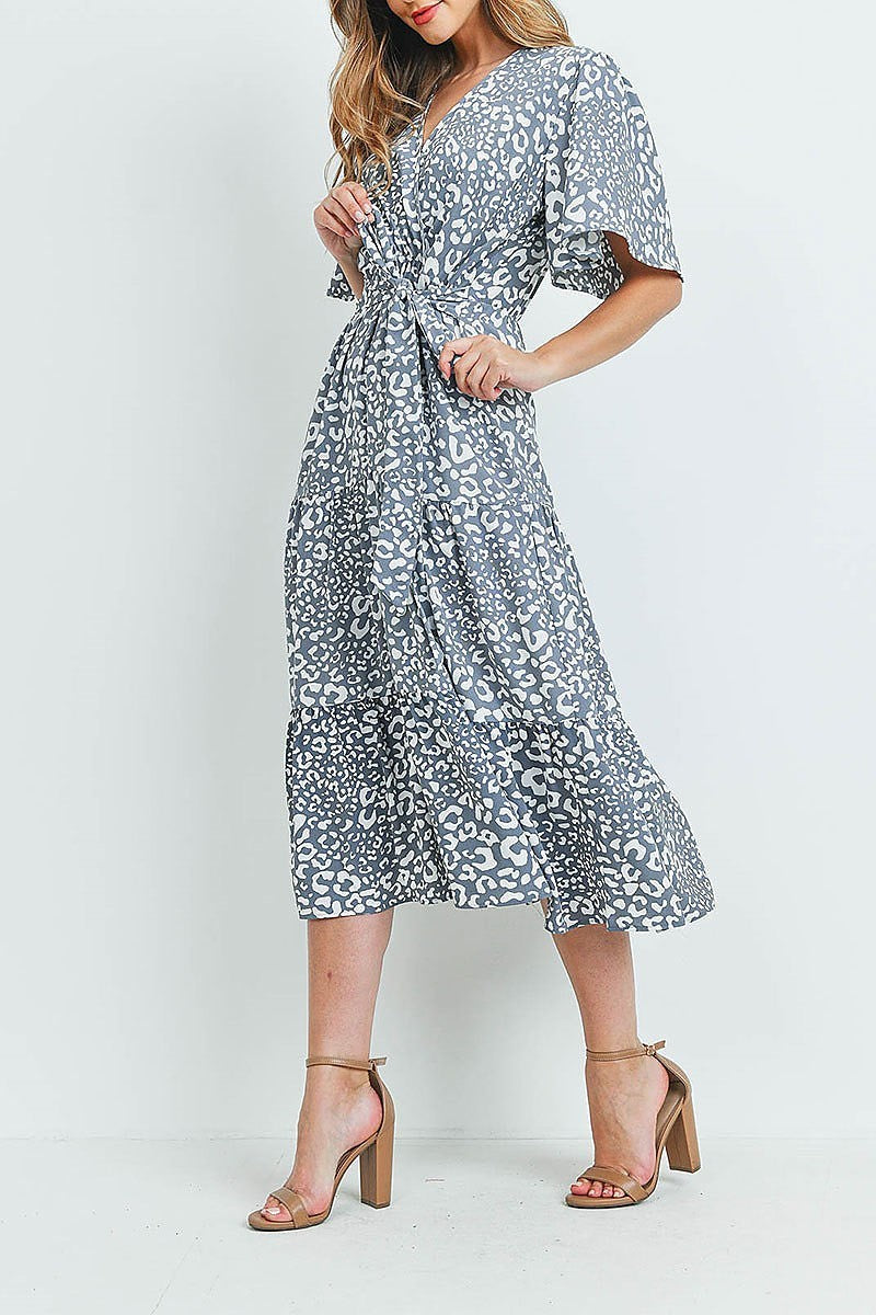 Leopard surplice neckline ribbon maxi dress (DED6903)