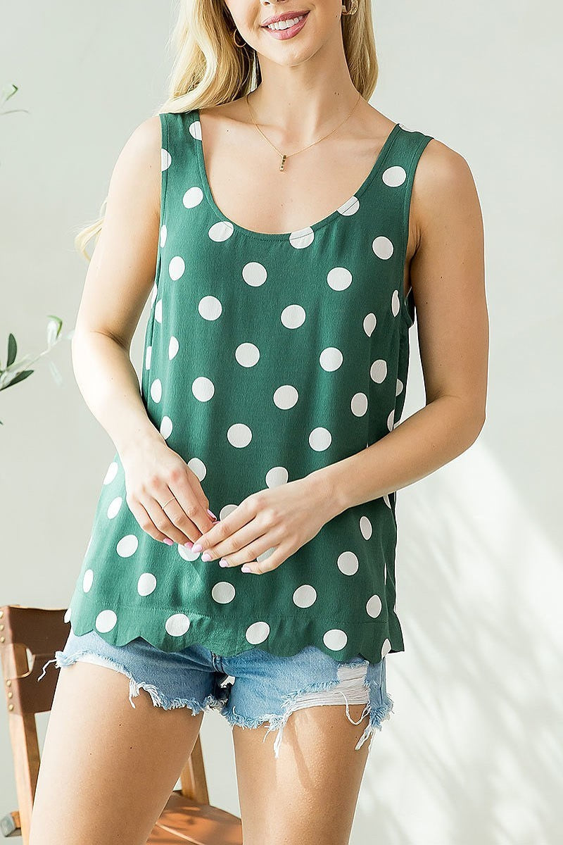 Scalloped hem polka dot scoop neck top (EF3946)