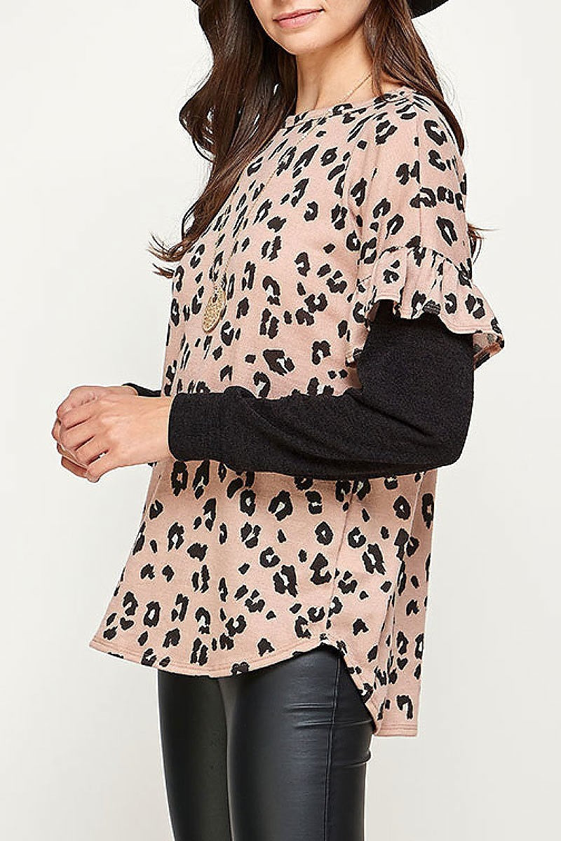 Animal print ruffel detail color block top (EF2235)