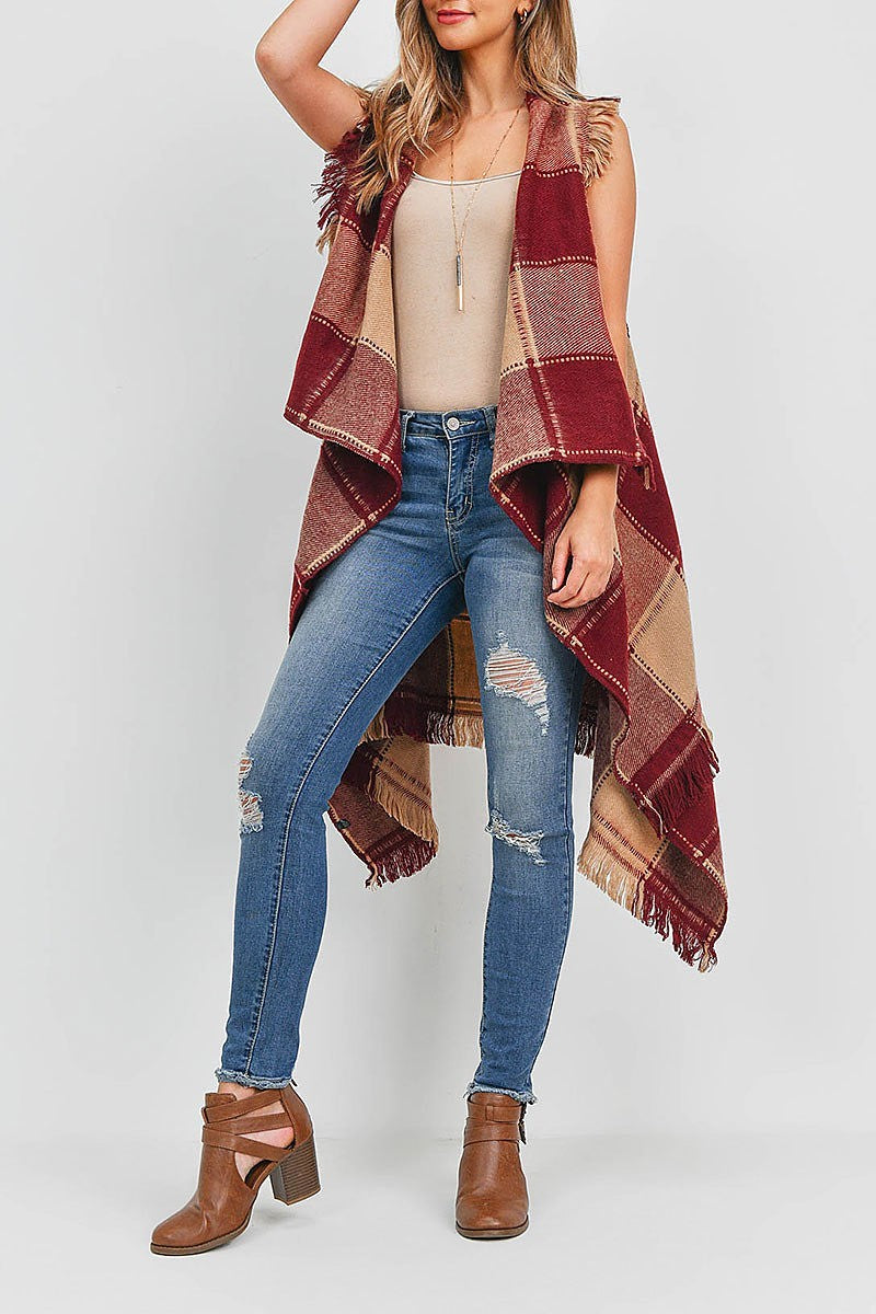 Knit plaid open front kimono vest (EF1747)