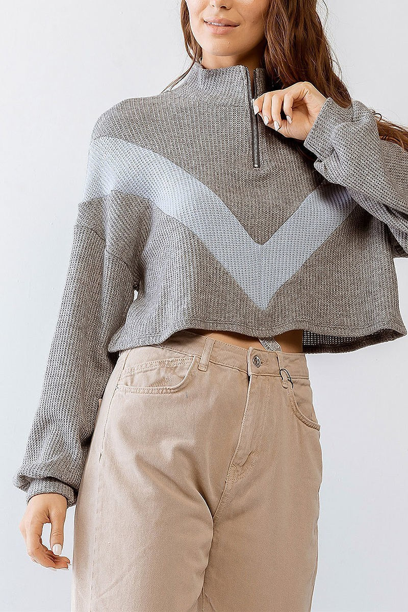 Waffle knit zip up logn sleeve crop sweater (TDG9508)