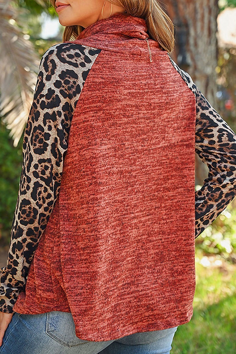 Cowl neck animal print sleeve color block top (ED7844)