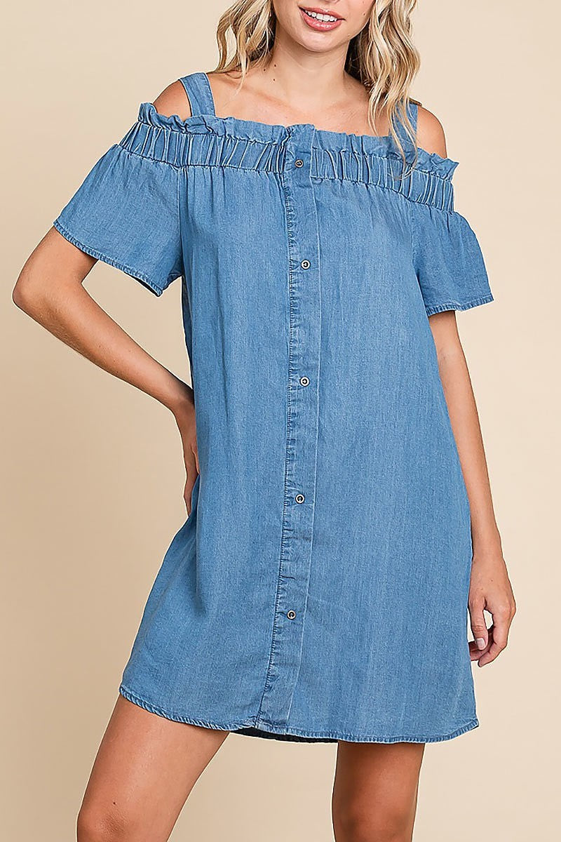 Chambray button-down cold-shoulder mini dress (EDH1624)