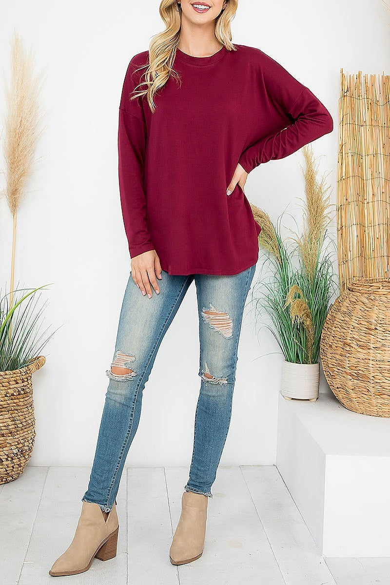 Long sleeve french terry rounded hem top (EF6920)