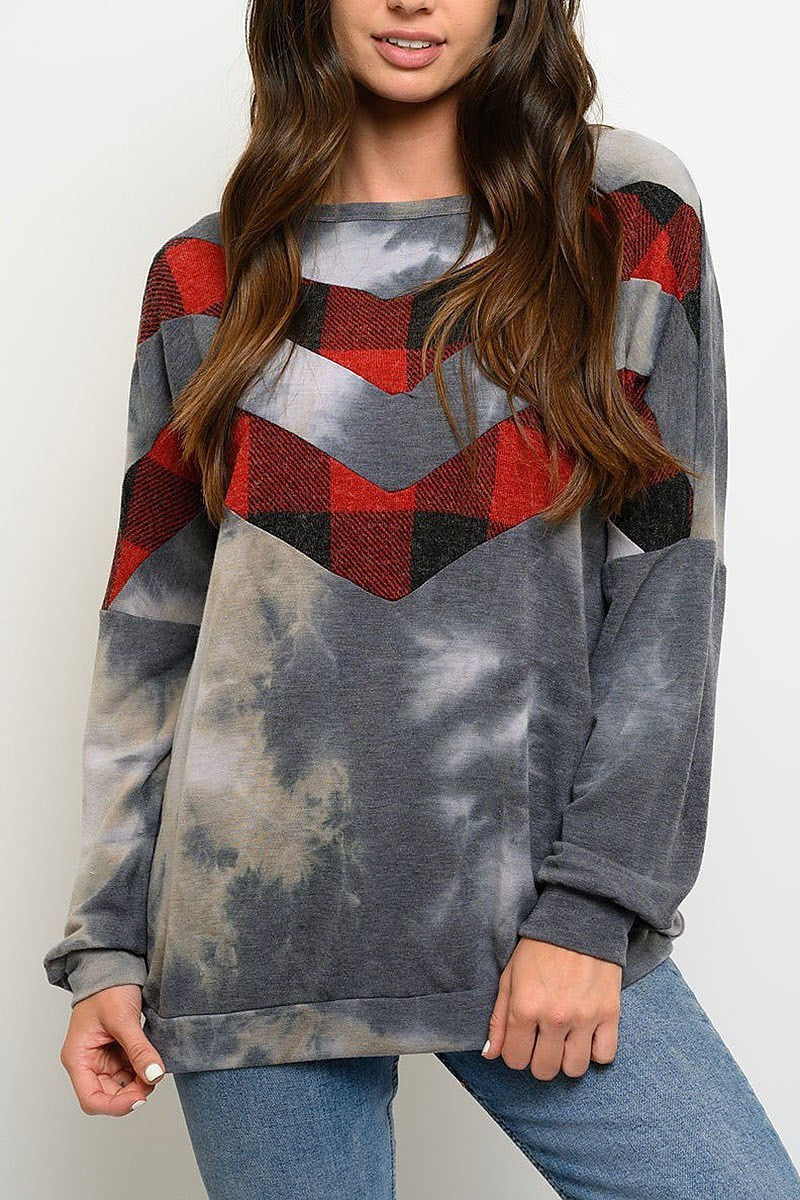 Plaid tie dye print long sleeve top (EDWT3298)