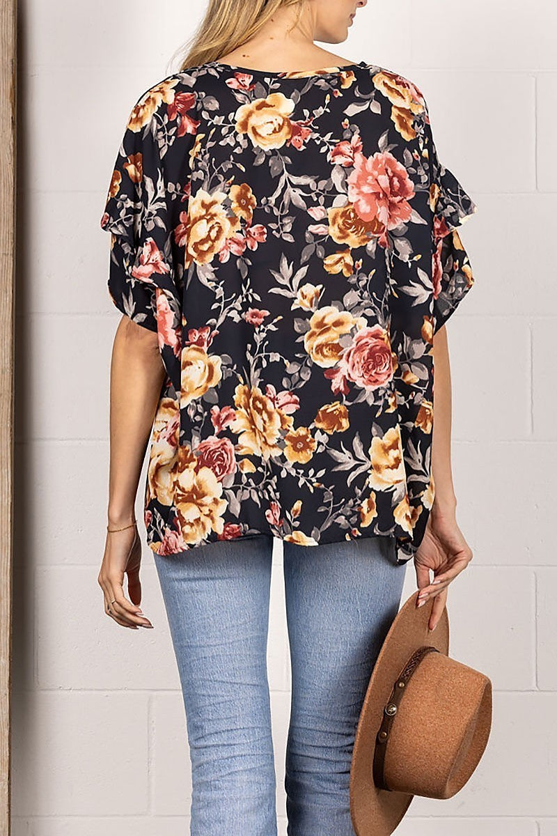 Chiffon floral print layered sleeves top (EDSW4227)