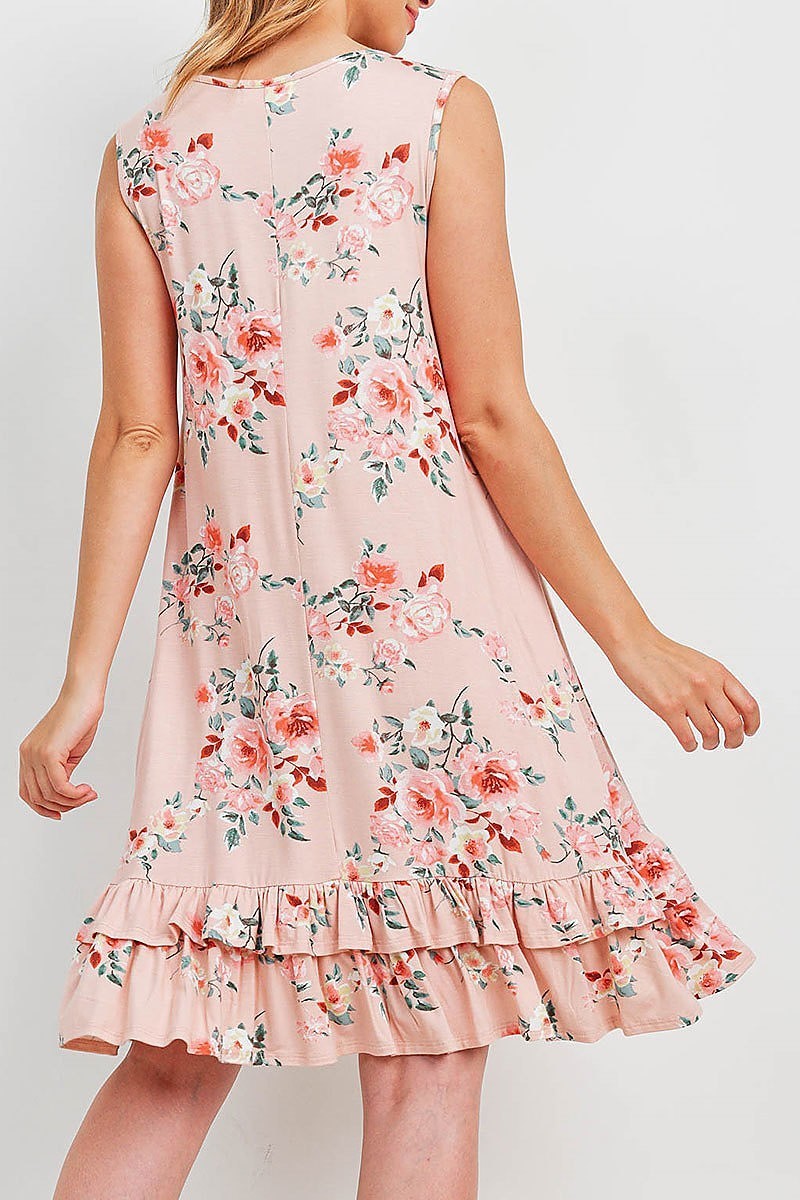 Sleeveless ruffle hem floral print pocket dress (DED6391)