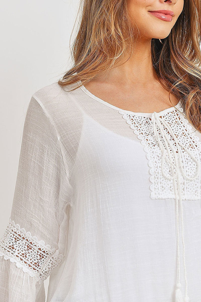 Lace trimmed bell sleeve tunic top (ED8548)