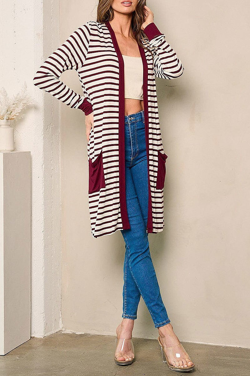 Long sleeve open front pockets stripes cardigan (EFWT4360)