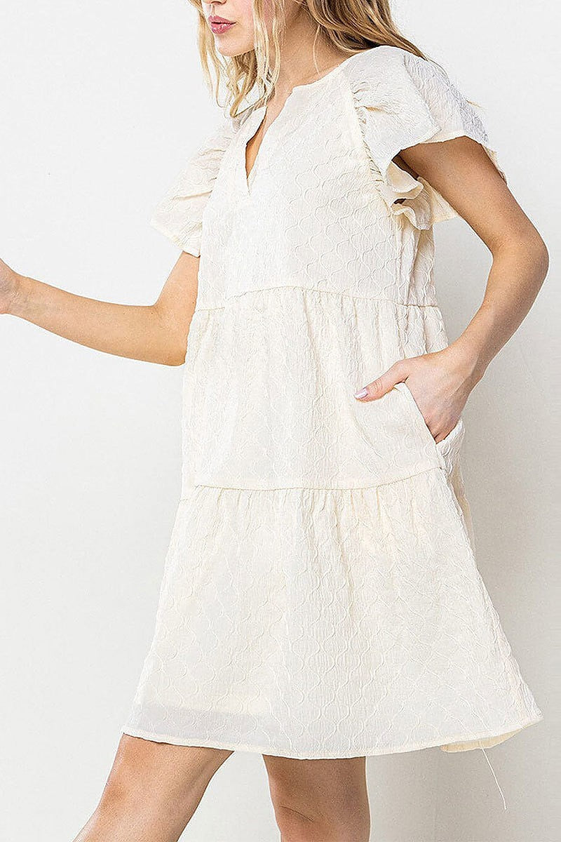 Ruffle sleeves detailed tiered tunic mini dress (EFWT5528)